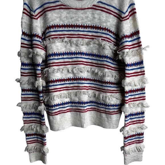 English Factory Striped Fringe Sweater Size M Cream Red Blue 4th of July Patriot - Picture 6 of 9